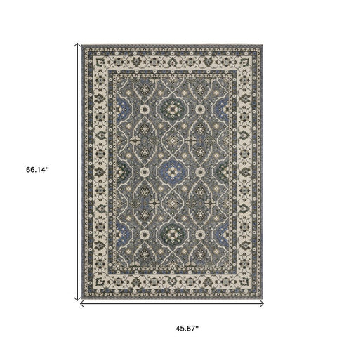 5' X 8' Blue And Gray Oriental Area Rug With Fringe